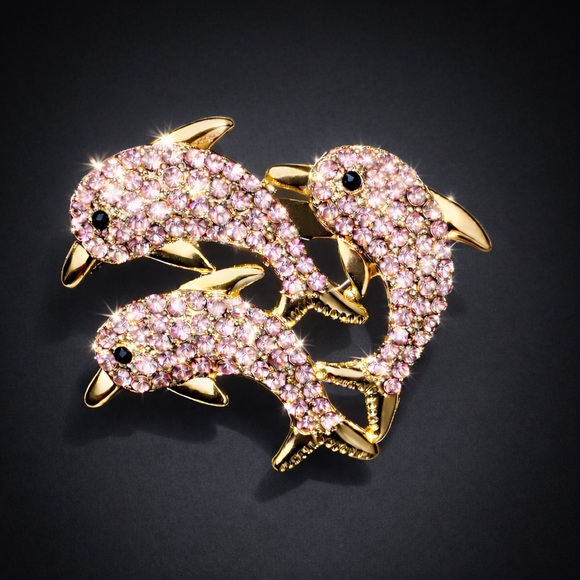 Crystal Pink Rhinestone Dolphin Bag Charm Brooch - Picture 3 of 4